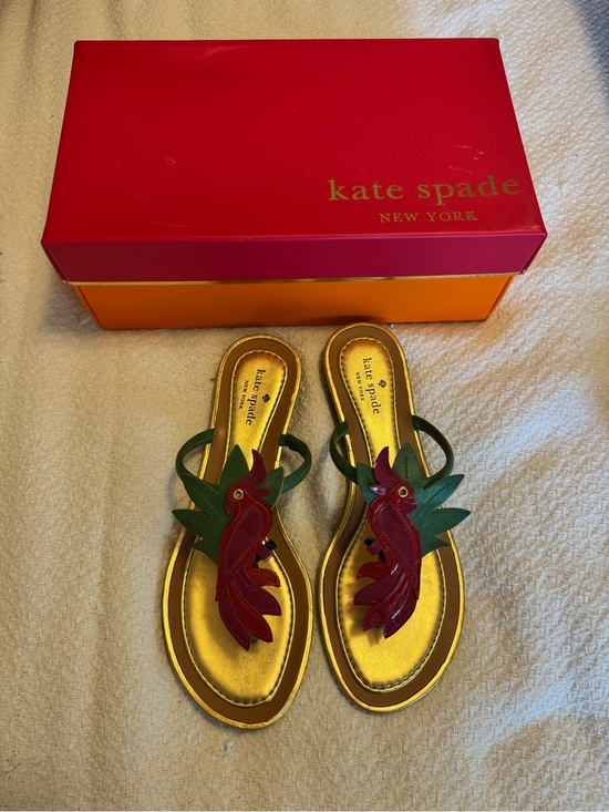 kate spade Shoes - kate spade Gold Sandals with Red Parrot & Green Leaf Appliqué